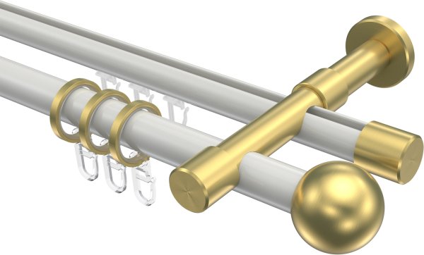 Rundrohr-Innenlauf Gardinenstange Aluminium / Metall 20 mm Ø 2-läufig PRESTIGE - Luino Weiß / Messing-Optik 100 cm