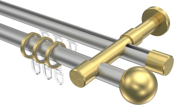 Rundrohr-Innenlauf Gardinenstange Aluminium / Metall 20 mm Ø 2-läufig PRESTIGE - Luino Silbergrau / Messing-Optik 100 cm