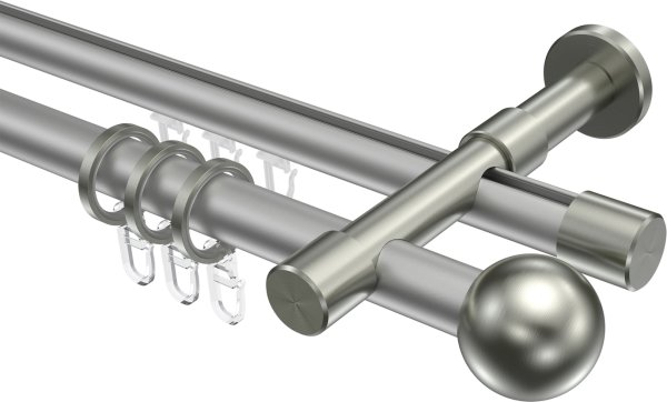 Rundrohr-Innenlauf Gardinenstange Aluminium / Metall 20 mm Ø 2-läufig PRESTIGE - Luino Silbergrau / Edelstahl-Optik 100 cm