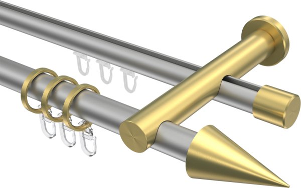 Rundrohr-Innenlauf Gardinenstange Aluminium / Metall 20 mm Ø 2-läufig PLATON - Savio Silbergrau / Messing-Optik 100 cm