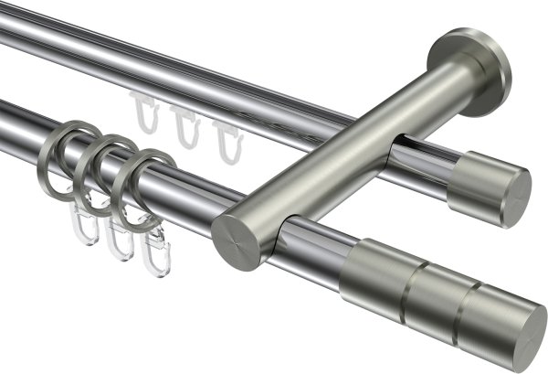 Rundrohr-Innenlauf Gardinenstange Aluminium / Metall 20 mm Ø 2-läufig PLATON - Elanto Chrom / Edelstahl-Optik 100 cm