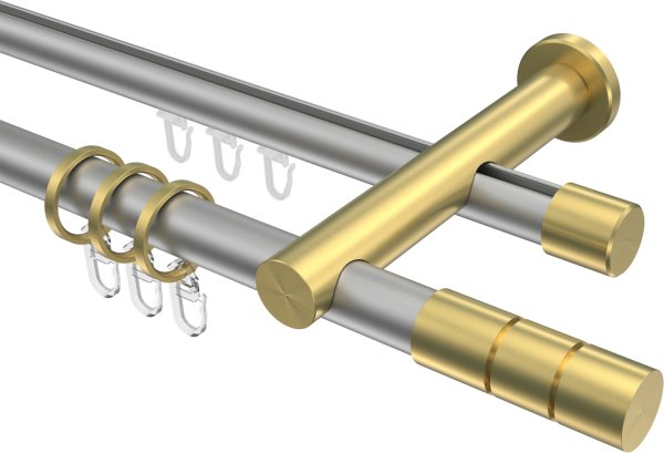 Rundrohr-Innenlauf Gardinenstange Aluminium / Metall 20 mm Ø 2-läufig PLATON - Elanto Silbergrau / Messing-Optik 100 cm