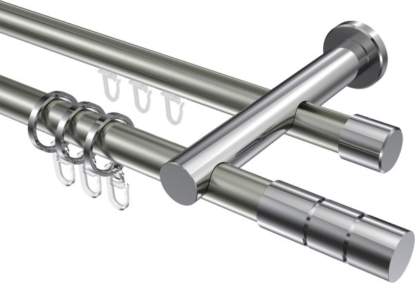 Rundrohr-Innenlauf Gardinenstange Aluminium / Metall 20 mm Ø 2-läufig PLATON - Elanto Edelstahl-Optik / Chrom 100 cm