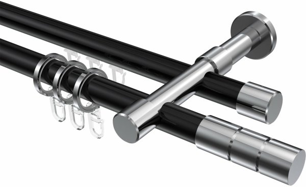 Rundrohr-Innenlauf Gardinenstange Aluminium / Metall 20 mm Ø 2-läufig PRESTIGE - Elanto Schwarz / Chrom 100 cm