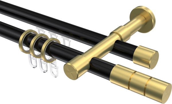 Rundrohr-Innenlauf Gardinenstange Aluminium / Metall 20 mm Ø 2-läufig PRESTIGE - Elanto Schwarz / Messing-Optik 100 cm