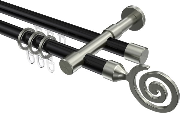 Rundrohr-Innenlauf Gardinenstange Aluminium / Metall 20 mm Ø 2-läufig PRESTIGE - Galaxa Schwarz / Edelstahl-Optik 100 cm