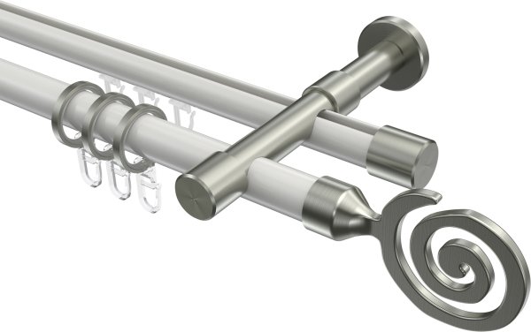 Rundrohr-Innenlauf Gardinenstange Aluminium / Metall 20 mm Ø 2-läufig PRESTIGE - Galaxa Weiß / Edelstahl-Optik 100 cm