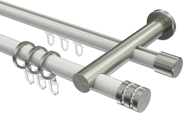 Rundrohr-Innenlauf Gardinenstange Aluminium / Metall 20 mm Ø 2-läufig PLATON - Estana Weiß / Edelstahl-Optik 100 cm
