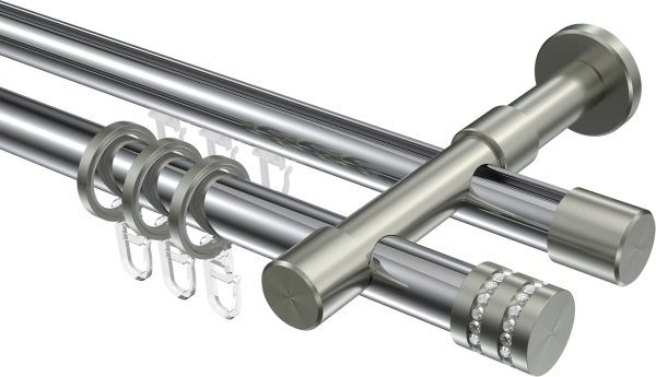 Rundrohr-Innenlauf Gardinenstange Aluminium / Metall 20 mm Ø 2-läufig PRESTIGE - Estana Chrom / Edelstahl-Optik 100 cm