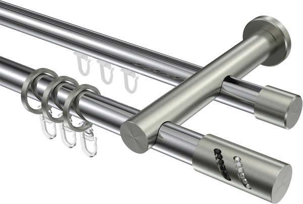 Rundrohr-Innenlauf Gardinenstange Aluminium / Metall 20 mm Ø 2-läufig PLATON - Zoena Chrom / Edelstahl-Optik 100 cm