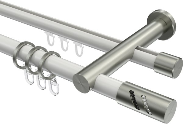 Rundrohr-Innenlauf Gardinenstange Aluminium / Metall 20 mm Ø 2-läufig PLATON - Zoena Weiß / Edelstahl-Optik 100 cm