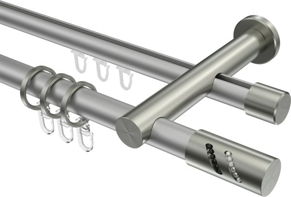 Rundrohr-Innenlauf Gardinenstange Aluminium / Metall 20 mm Ø 2-läufig PLATON - Zoena Silbergrau / Edelstahl-Optik 100 cm