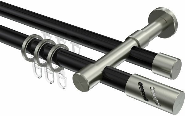 Rundrohr-Innenlauf Gardinenstange Aluminium / Metall 20 mm Ø 2-läufig PRESTIGE - Zoena Schwarz / Edelstahl-Optik 100 cm