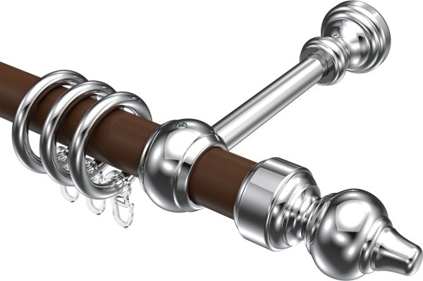 Gardinenstange Holz / Kunststoff 28 mm Ø CLASSIC - Rondo Nussbaum lackiert / Chrom 100 cm