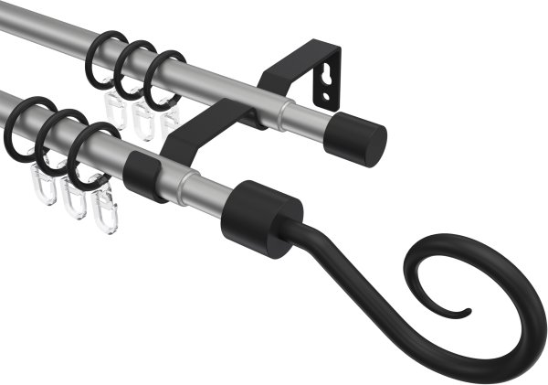 Ausziehbare Gardinenstange Metall / Kunststoff 16/13 mm 2-läufig Ø HERA - Helix Silbergrau / Schwarz