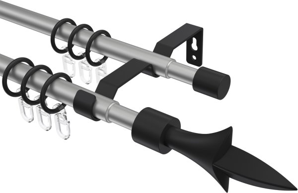 Ausziehbare Gardinenstange Metall / Kunststoff 16/13 mm 2-läufig Ø HERA - Lily Silbergrau / Schwarz 70-120 cm