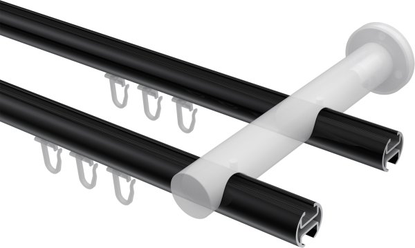 Innenlauf Gardinenstange Aluminium / Metall 20 mm Ø 2-läufig PLATON - Santo Schwarz / Edelstahl-Optik