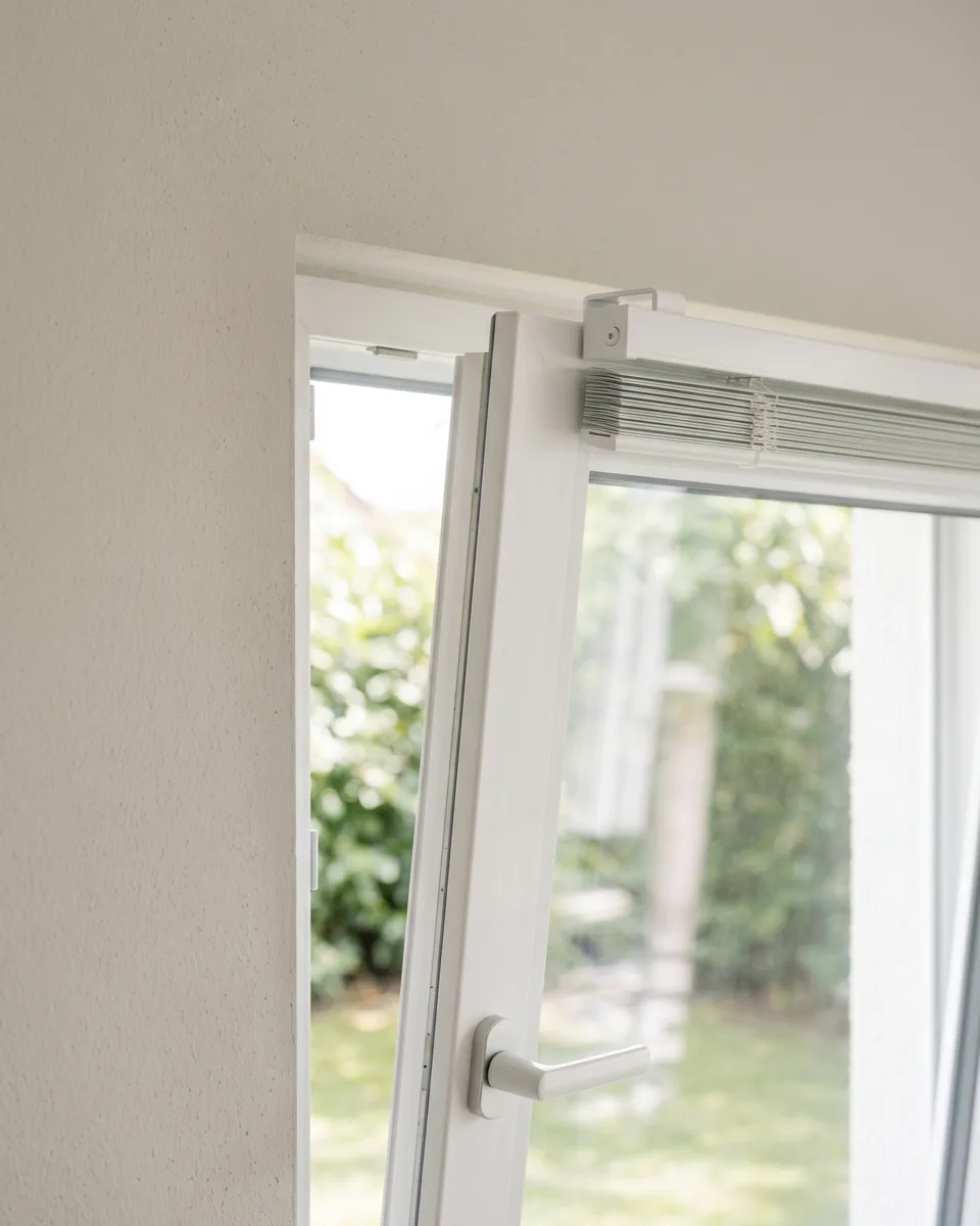 Klemmtraeger am Fensterfluegel mit eingehaengter Oberschiene einer Alu-Jalousie