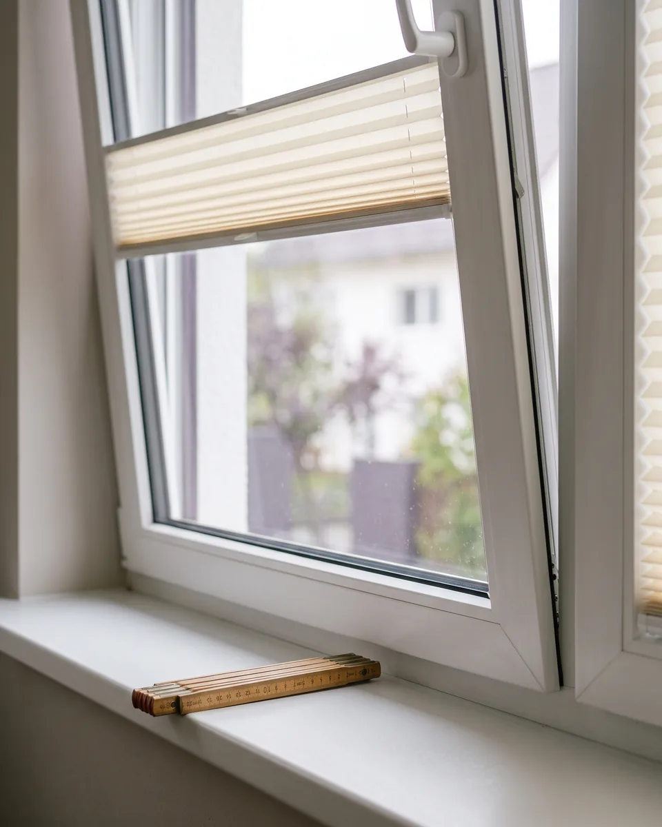 Zollstock am Fensterfluegel eines Dreh-Kippfensters mit Plissee