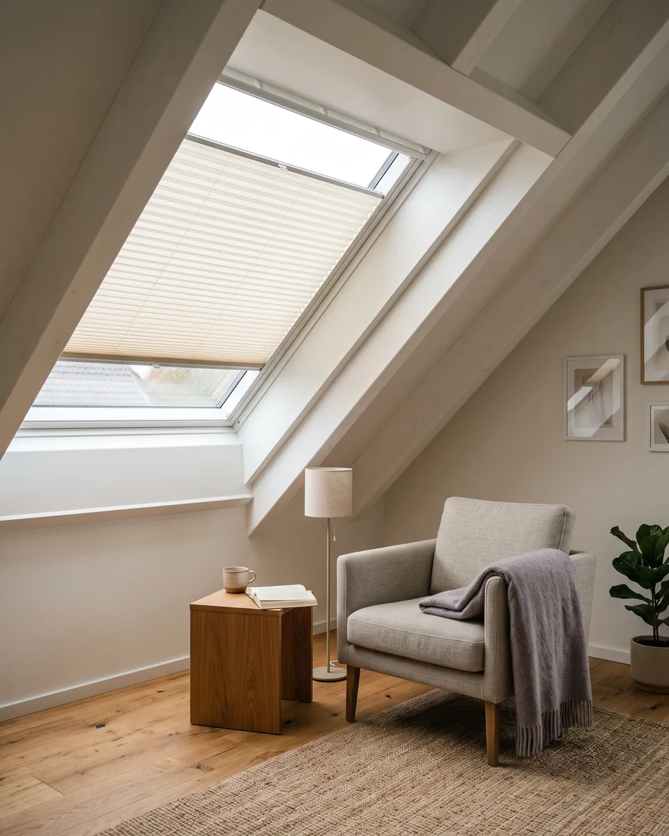 Dachfenster mit straff verspanntem Plissee in heller Dachschraege