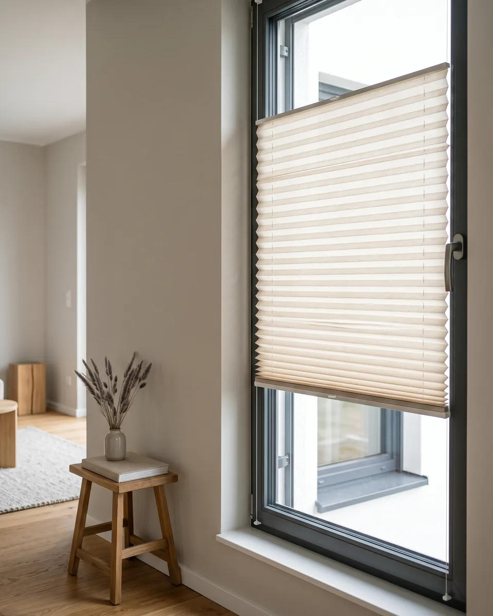 Verspanntes Plissee bohrfrei am Fluegel eines weissen Kunststofffensters montiert