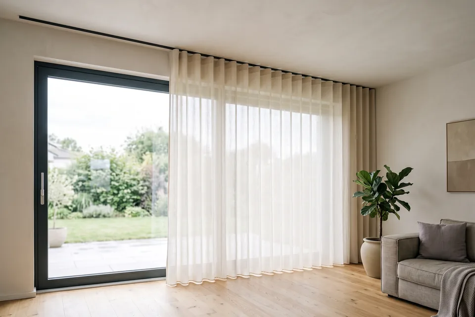 Deckenschiene mit Wellenvorhang im Wohnraum