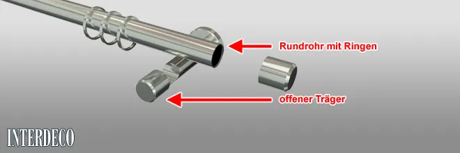 Ansicht einer Rundrohr-Gardinenstange mit Einzelteilen