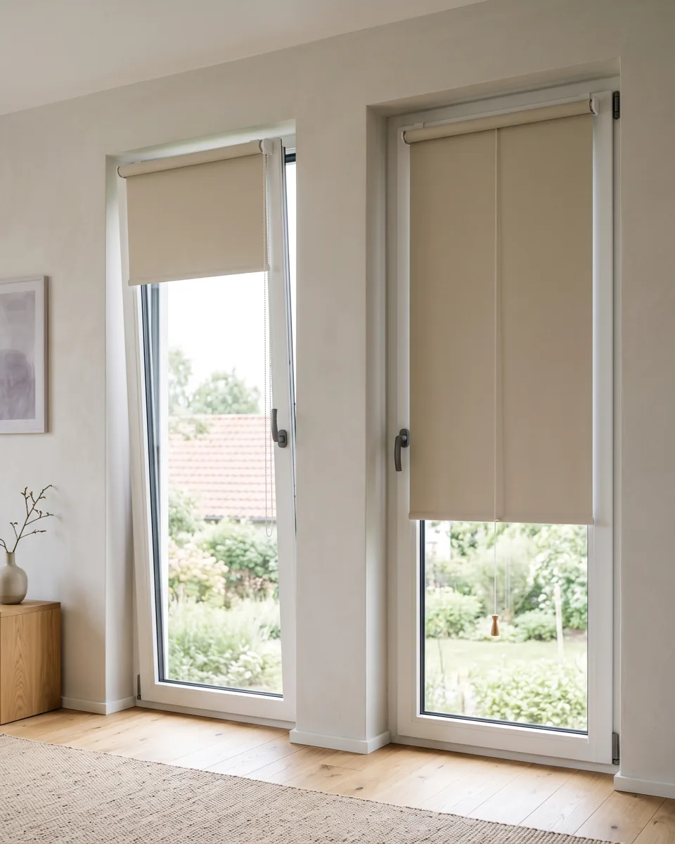 Zwei Fenster nebeneinander mit Kettenzug-Rollo und Schnurzug-Rollo im Vergleich