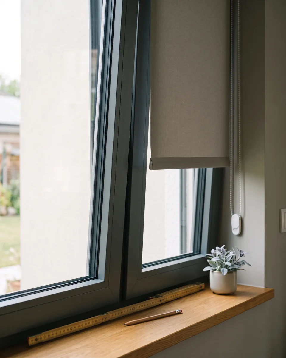 Haende messen mit dem Massband die Glasbreite eines Fensterfluegels fuer ein Rollo aus