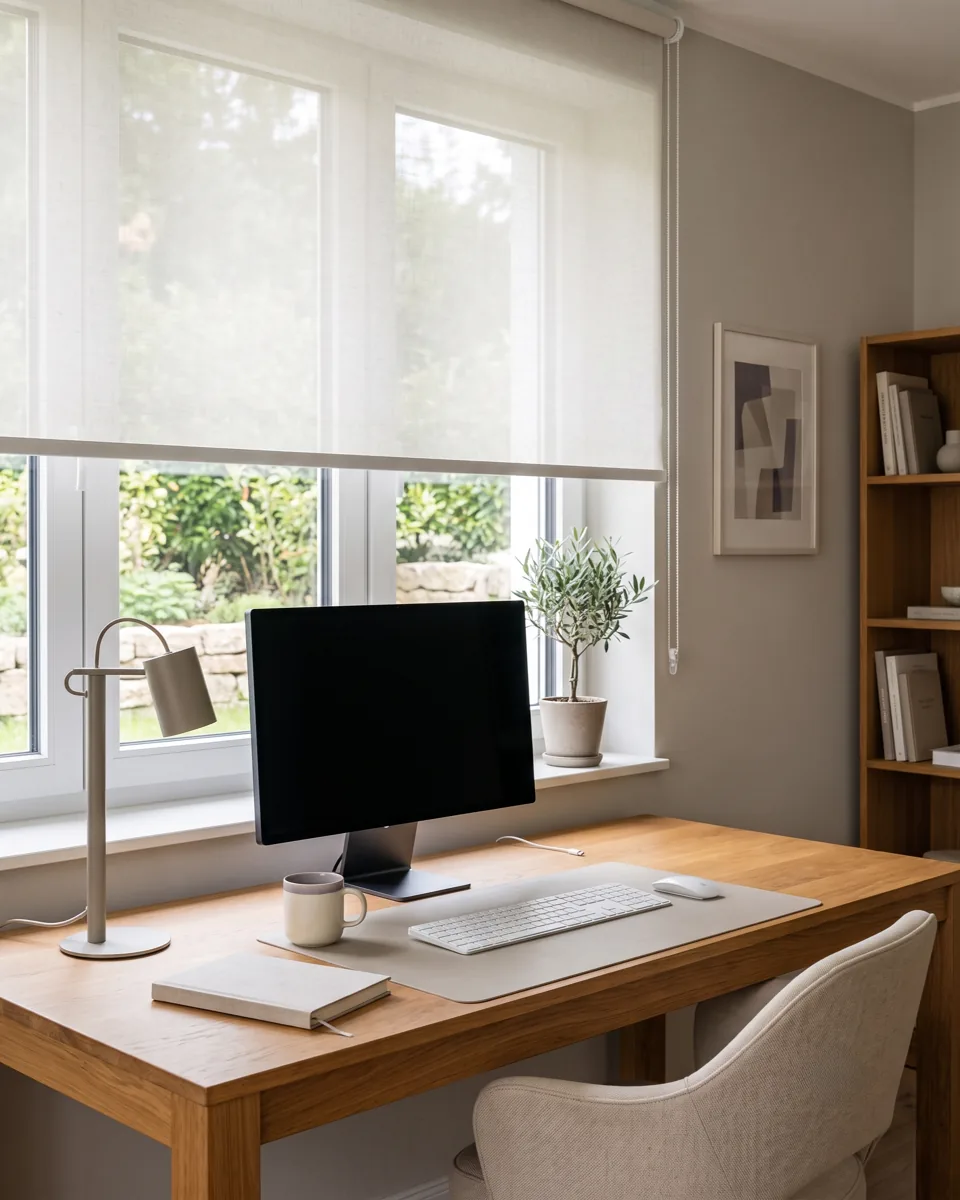 Schreibtisch mit Monitor vor einem Fenster mit lichtdurchlaessigem Blendschutz-Rollo