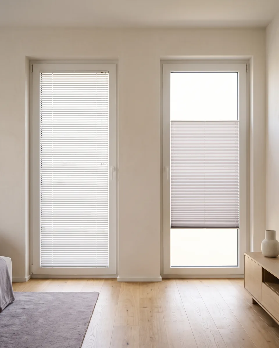 Helle Fensterfront mit Plissee, Rollo und Alu-Jalousie nebeneinander als innenliegender Sonnenschutz