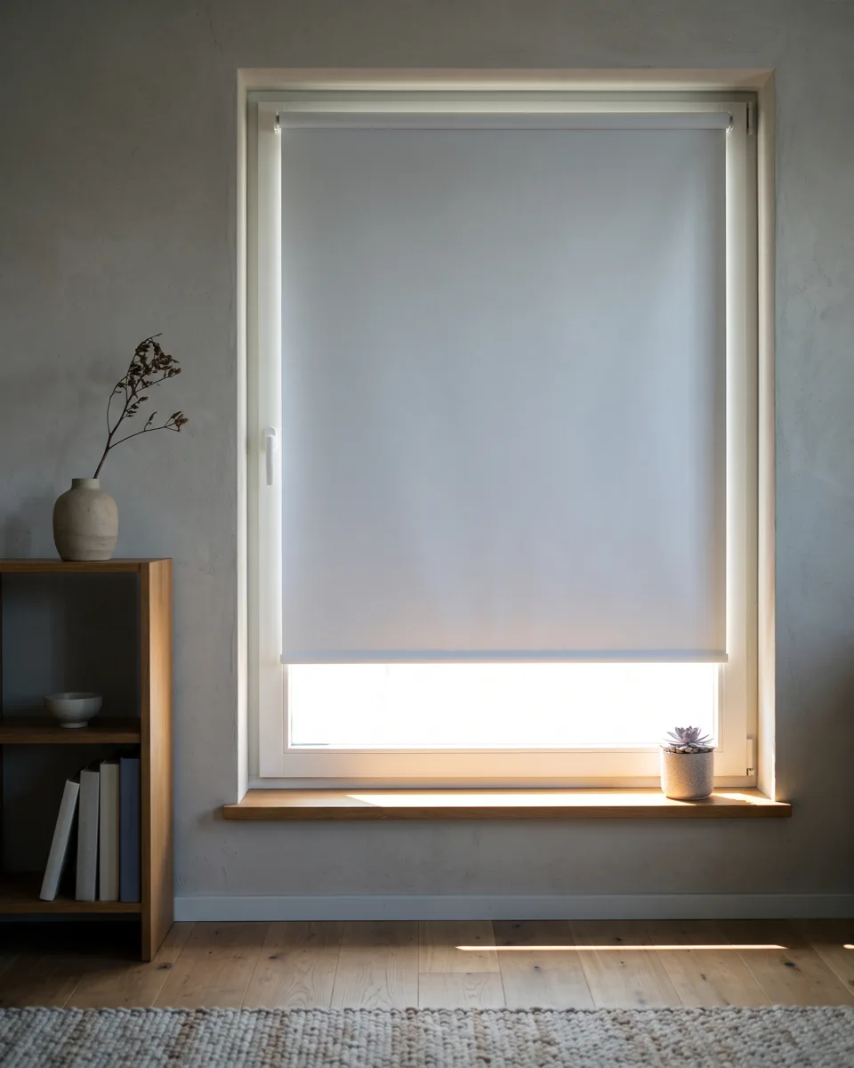 Thermorollo mit silbrig reflektierender R&uuml;ckseite am sonnenbeschienenen Fenster