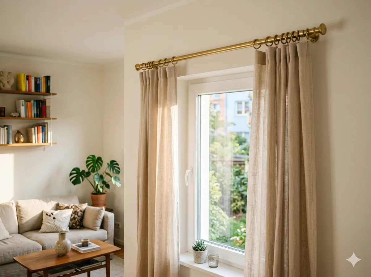 Gardinenstange in Edelstahl-Optik mit elegantem Vorhang im modernen Wohnzimmer