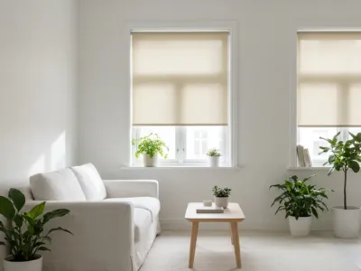 Seitenzugrollo nach Maß in hellem Wohnzimmer — Sonnenschutz mit Lichtspiel